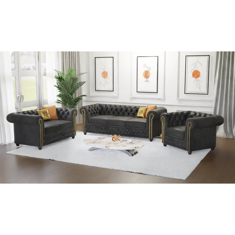 Chesterfield Armchair Friedrich Made of Vintage Look Microfibre with Solid Wood Legs, Anthracite