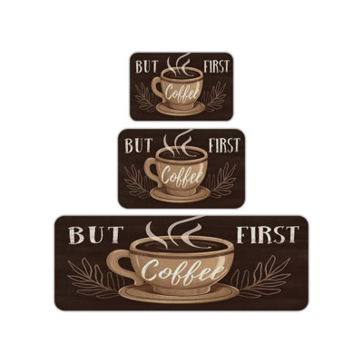 Brown Coffee Cup Kitchen Floor Mat Set of 3 for Kitchen & Coffee Bar
