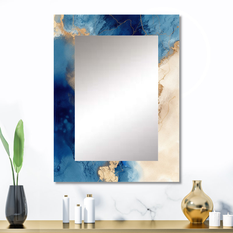 Blue and Gold Marble Clouds VII - Large Wall Mirror On Metal, 32 po x 24 po
