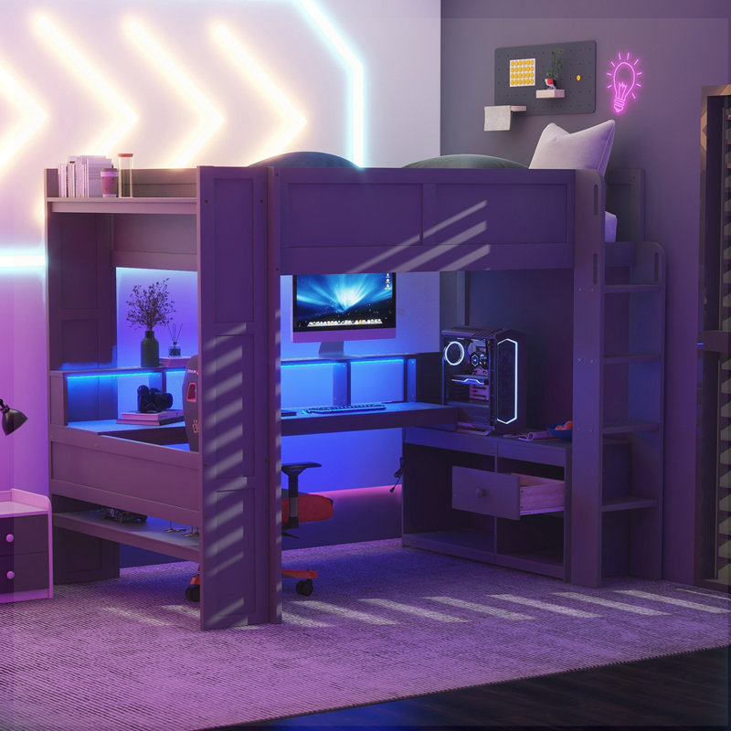 Gaming Loft Bed with Desk and Charging Station, Full/Double