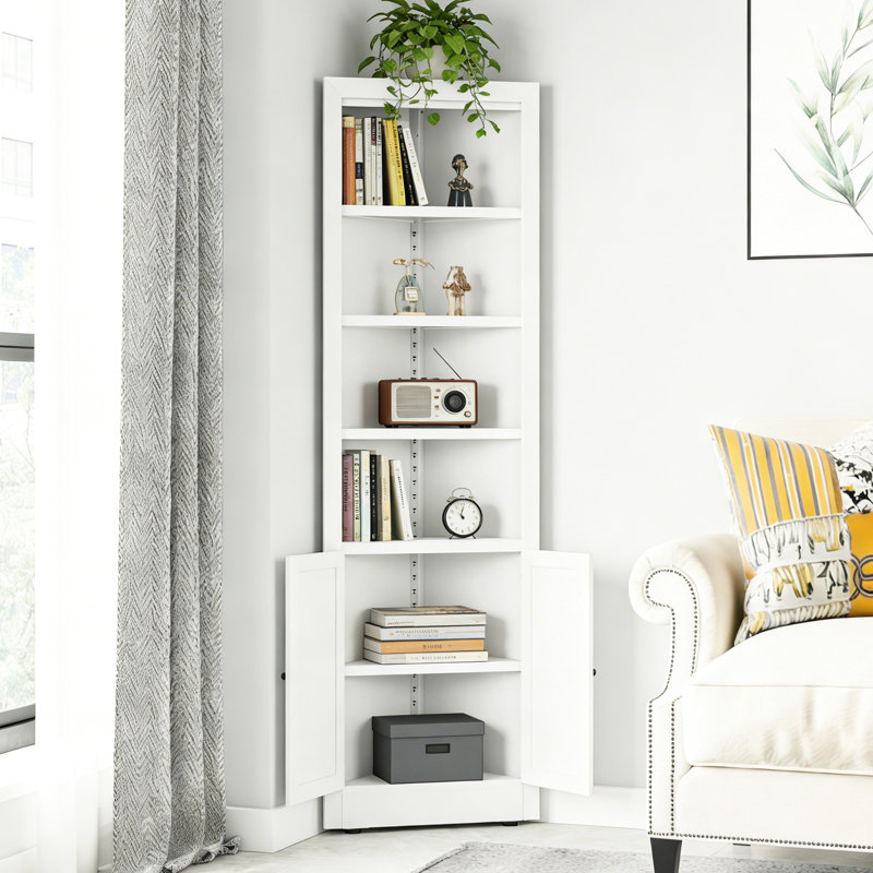 71 Tall Freestanding White Storage Unit With 5 And 2 Doors For Kitchen, Living Room, Bathroom Use Corner Cabinet 5 Adjustable Shelves Pantry, Bathroom, Laundry Room