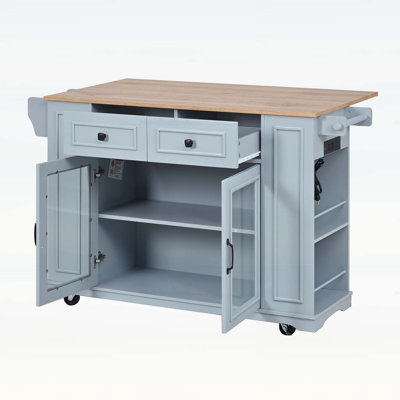 54 Inch Mobile Kitchen Island with Glass Door, Power Outlet, Open Shelves, and Multiple Storage Options for Efficient Meal Prep and Organization