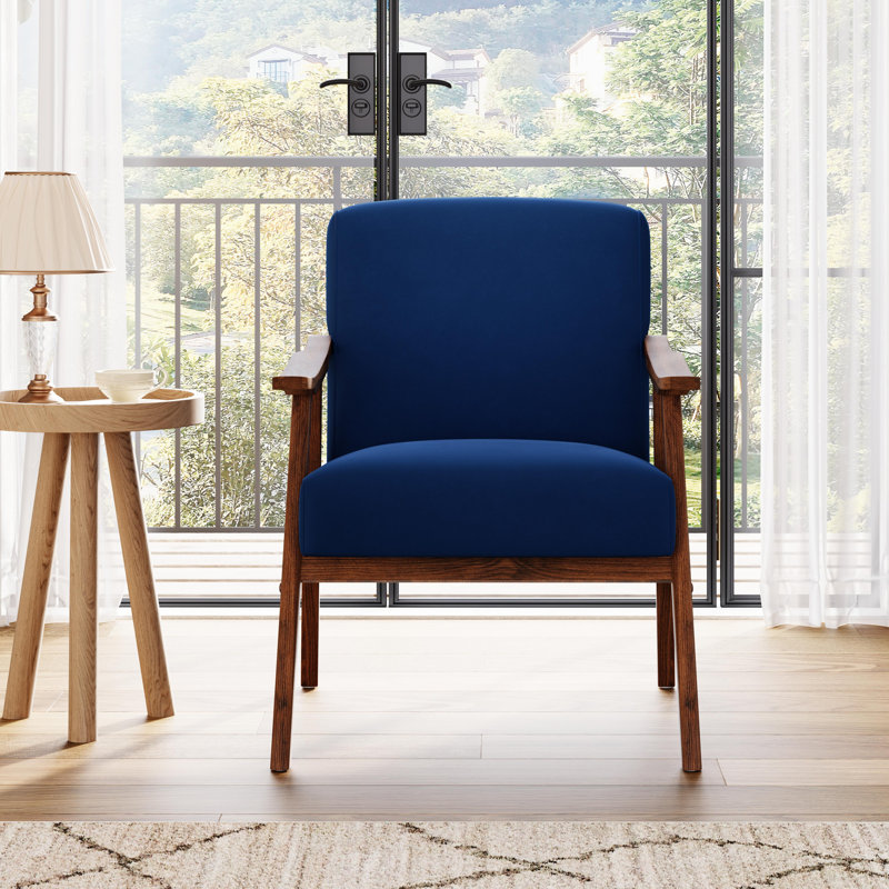 26" Wide Velvet Fabric Mid Century Upholstered Solid Wood Accent Chair, Velvet, Blue