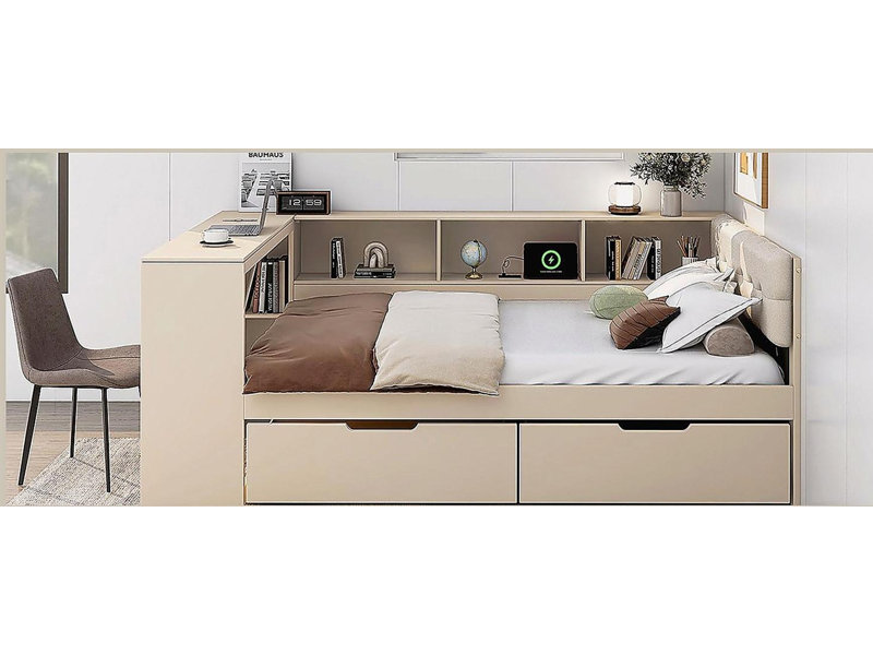Lit plateforme en bois avec tablettes de rangement, tiroirs, station de charge et tête de lit rembourrée, Complet/Double
