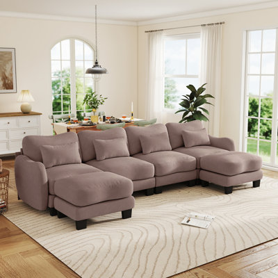 Canapé d'angle en chenille de 131,5 po avec 2 poufs et 4 coussins lombaires, rose taupe poudré