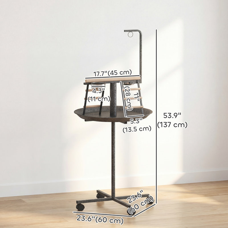 Support pour oiseaux, support pour perroquet avec roues, perchoir, bols en acier inoxydable, plateau rond pour l'intérieur et l'extérieur, gris foncé