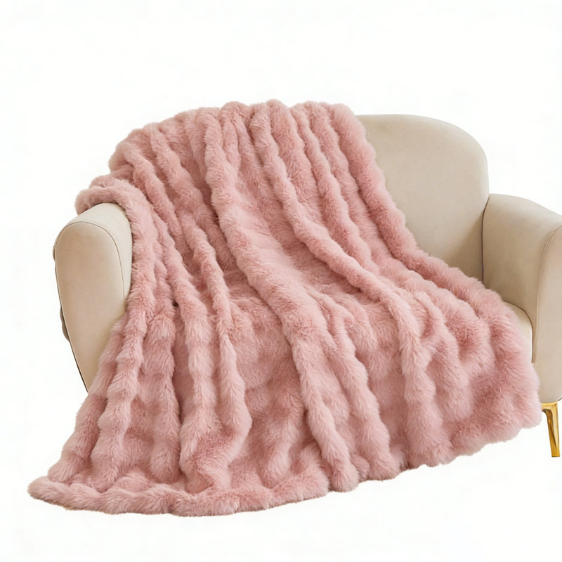 Solid Color Luxury Wavy Bubble Faux Rabbit Fur Fleece Throw Blanket for Couch & Bed,Pink,50''x60''., Throw, Pink