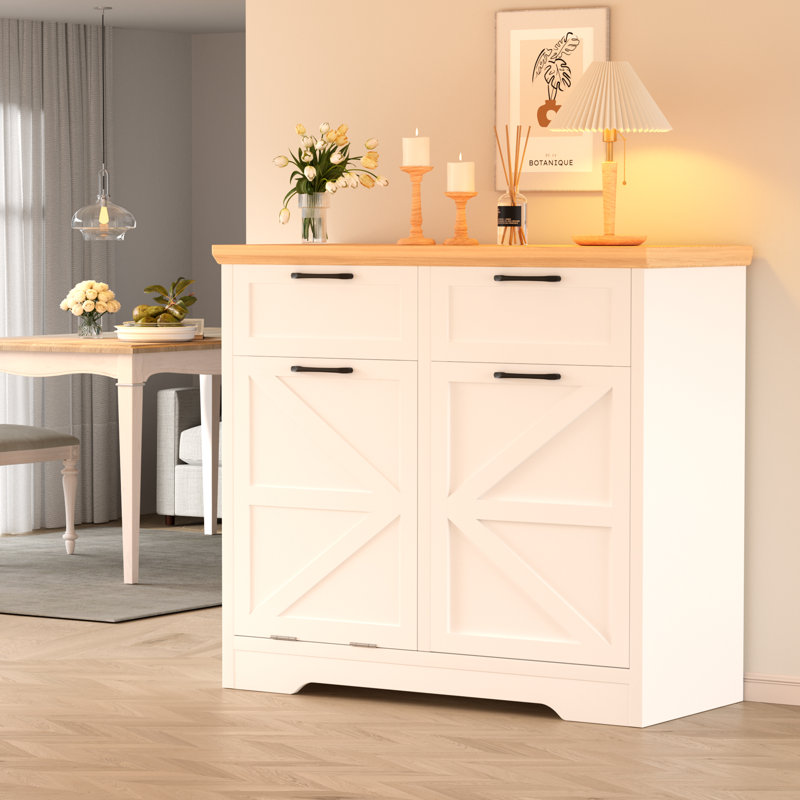 Liora Push-Pull Trash Cabinet With 20 Gallons Wooden Free Standing  (Trash Can Not Included), White/Natural