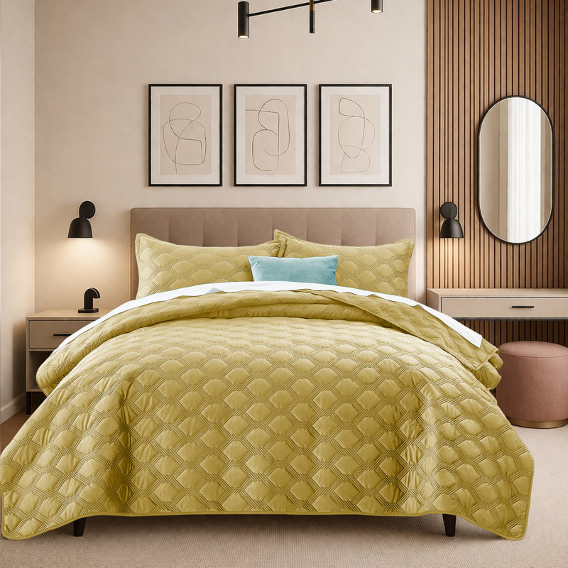 Reversible Diamond Embossed Bedspread Set – Geometric Quilt With Shams, King Bedspread Set with 2 Pillow Shams