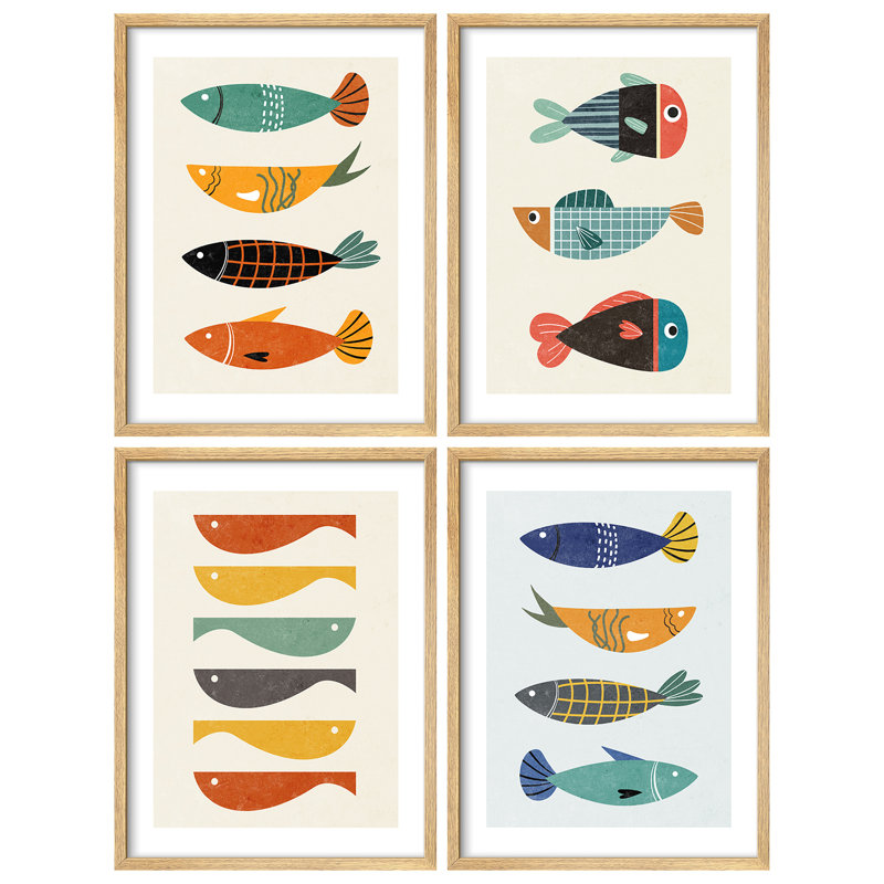 «Colorful Fish Coastal Modern», impression encadrée, affiches, salle de bain, petit art mural, Naturel, H 16 po x l 12 po