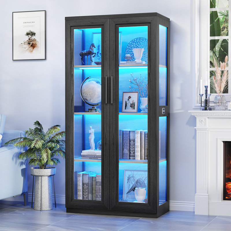 Glass Display Cabinet, Curio Display Cabinet for Collectibles, Bookcase for Room, Black & Wood
