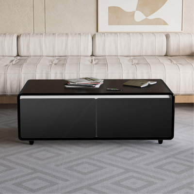 Table basse moderne et intelligente avec réfrigérateur intégré, haut-parleurs Bluetooth, chargement sans fil, prise de courant, ports USB, lumière RVB