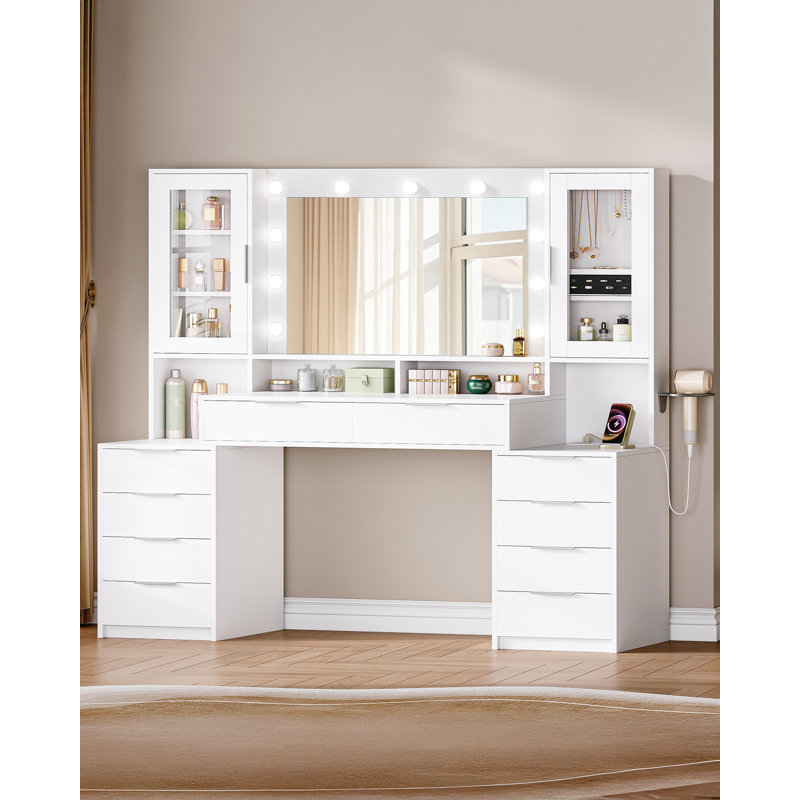 Dressing Table with Lighting, Power Strip, 150 cm Vanity Desk with 10 Drawers, Adjustable Brightnes, Glass Door Storage Cabinet, White 