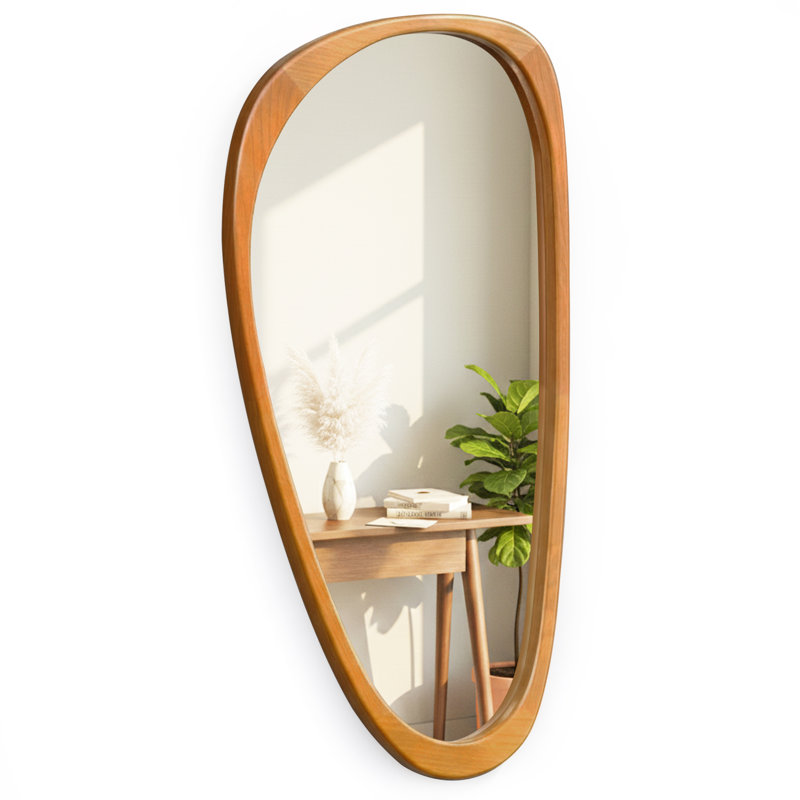 Asymmetrical Solid Wood Irregular Wall Mirror, 48" x 24", Warm Walnut