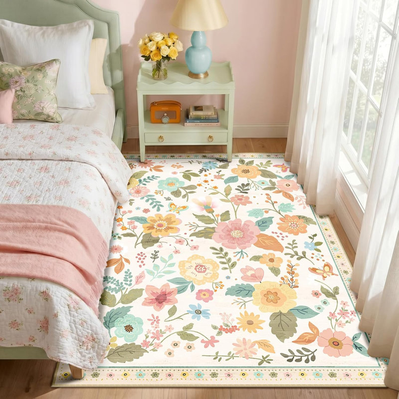 Motif floral 4 x 6 tapis lavable imprimé boho tapis mignon antidérapant fleur bas pour salon chambre cuisine bureau ferme-beige / blanc / orange