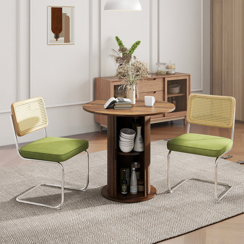 3-piece Round Pedestal Tal Dining Set With Cane Back Cantilever Chairs, Brown, Green