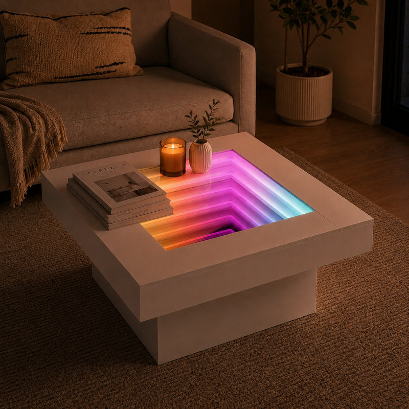 Table basse Infinity Mirror Light, H 17,75 po x L 35,5 po x l 35,5 po, Blanc, Blanc