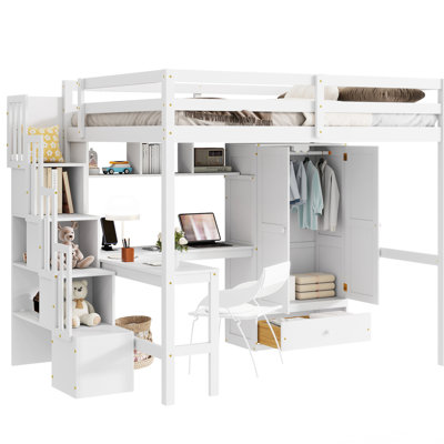 Full Size Loft Bed In White, With Desk, Book Shelves, Wardrobe, And - Charging Station, For A Functional Stylish Bedroom Decor Modern Comfortable Space