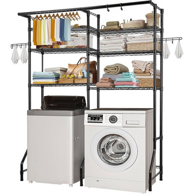 Over Washer And Dryer Storage Shelves, 6 Tier Laundry Room Organizer With Drying Rack, Adjustable Shelving, Hanger Rod And Hooks, Space Saving Storage Rack For Laundry Room Organization, Black