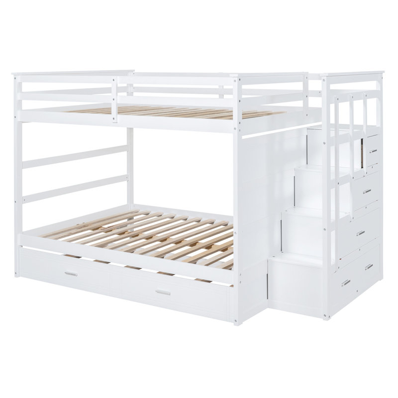 Lit superposé avec lit gigogne, escalier de rangement et tiroirs - Structure en bois massif pour enfants et adolescents