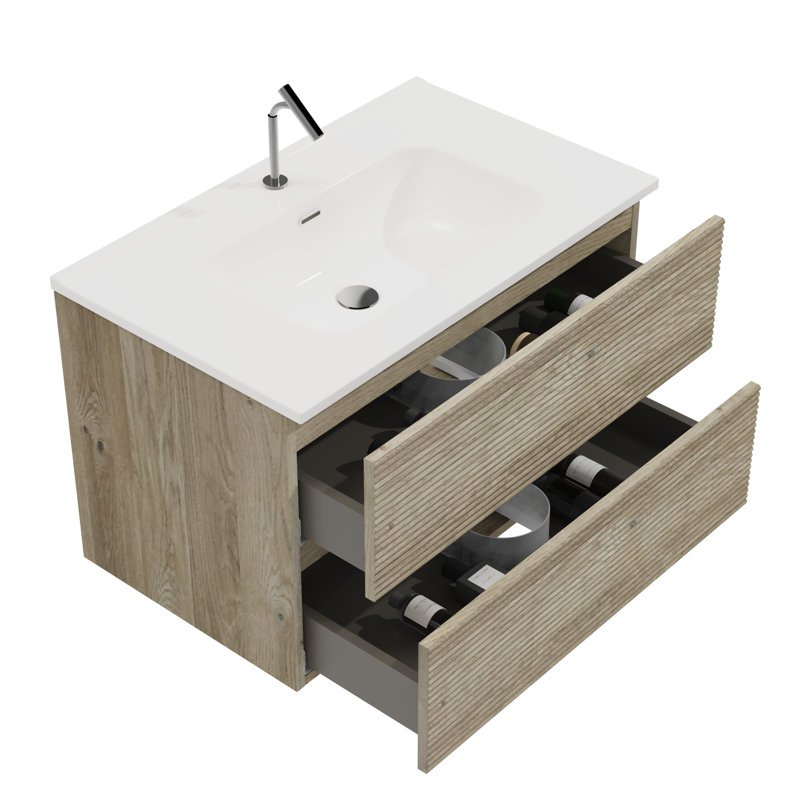 Meuble-lavabo moderne 30 po en chêne brut avec lavabo, trop-plein, glissières de tiroir silencieuses, 20% de rangement supplémentaire, poignée minimaliste - armoire, glissières en céramique E1 New Age Boards, rangement Boost, look