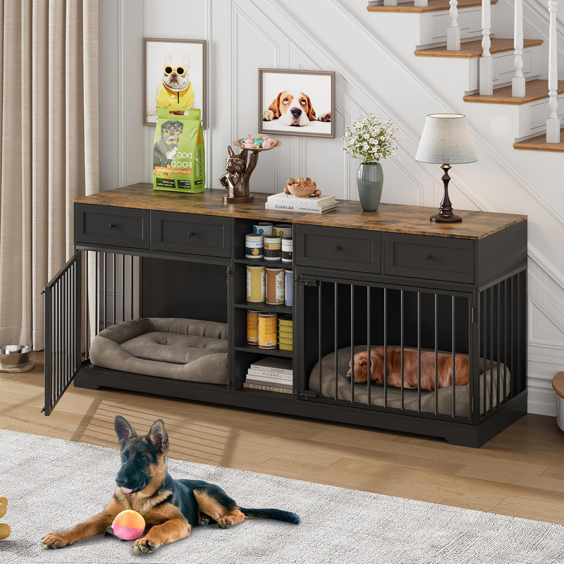 82" Double Dog Crate Furniture w/ 4 Drawers - TV Stand & Kennel for Medium/Large Dogs - Rustic Wood Design, Black
