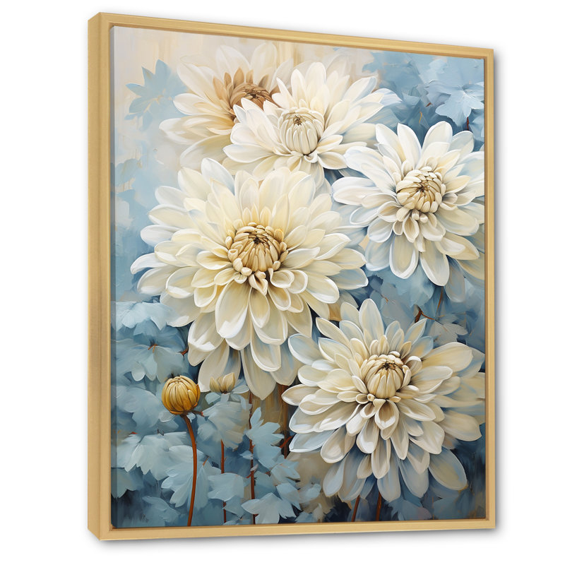 Minimalisme «Blooming Mums» en bleu et blanc iv sur toile, Cadre naturel flottant, H 32 po x l 16 po x P 1 po