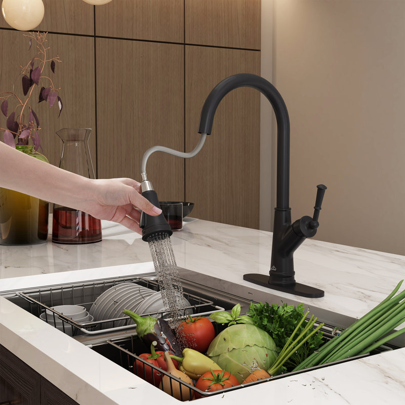 Robinet de cuisine à une poignée rétractable à un trou 1,8 GPM, Noir mat