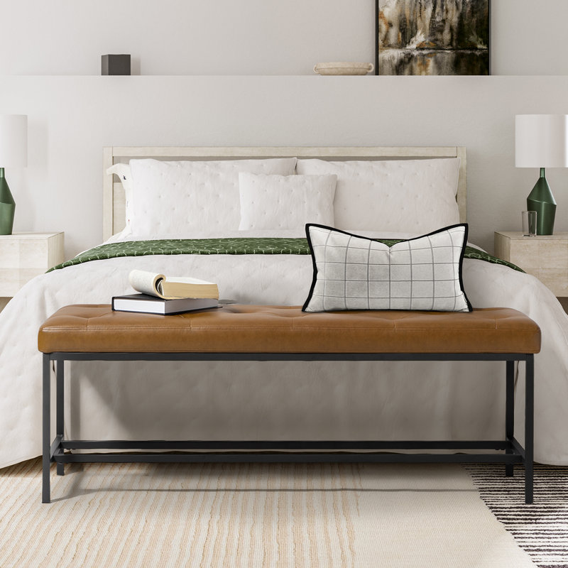 Anahli 50" W Faux Leather Upholstered Bench with Button-tufted Design, Camel