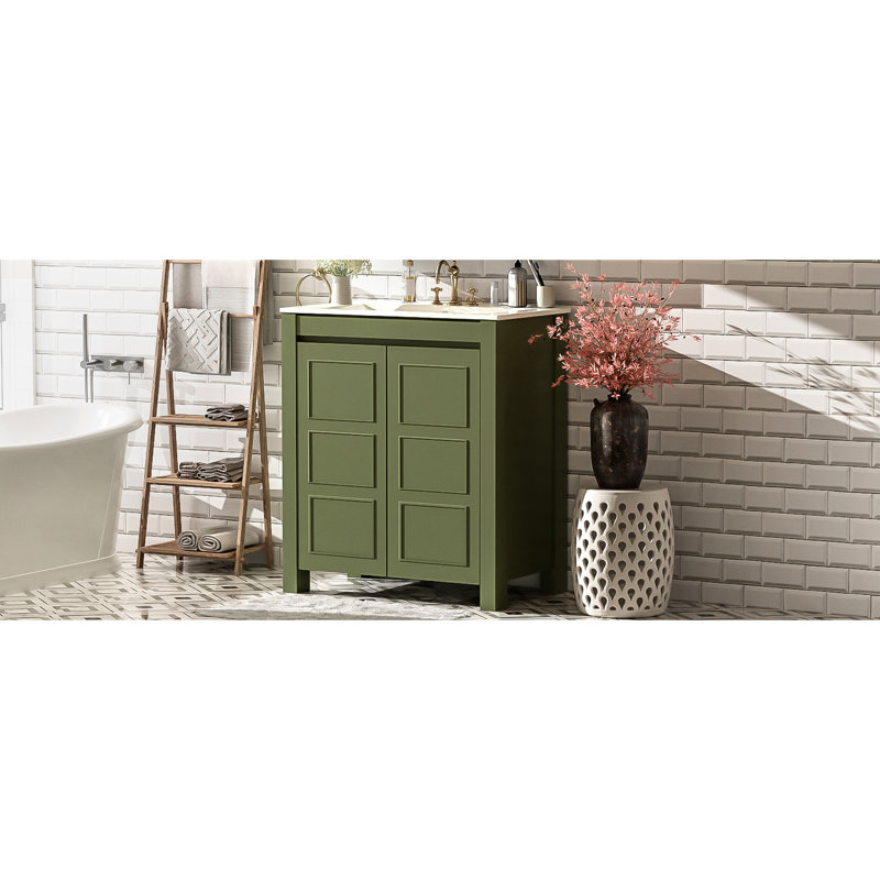 Meuble-lavabo de 30 po avec rangement olive, lavabo en céramique, trou de trop-plein et mécanisme de fermeture en douceur 30 po, tablettes réglables, dossier ouvert pour une installation facile
