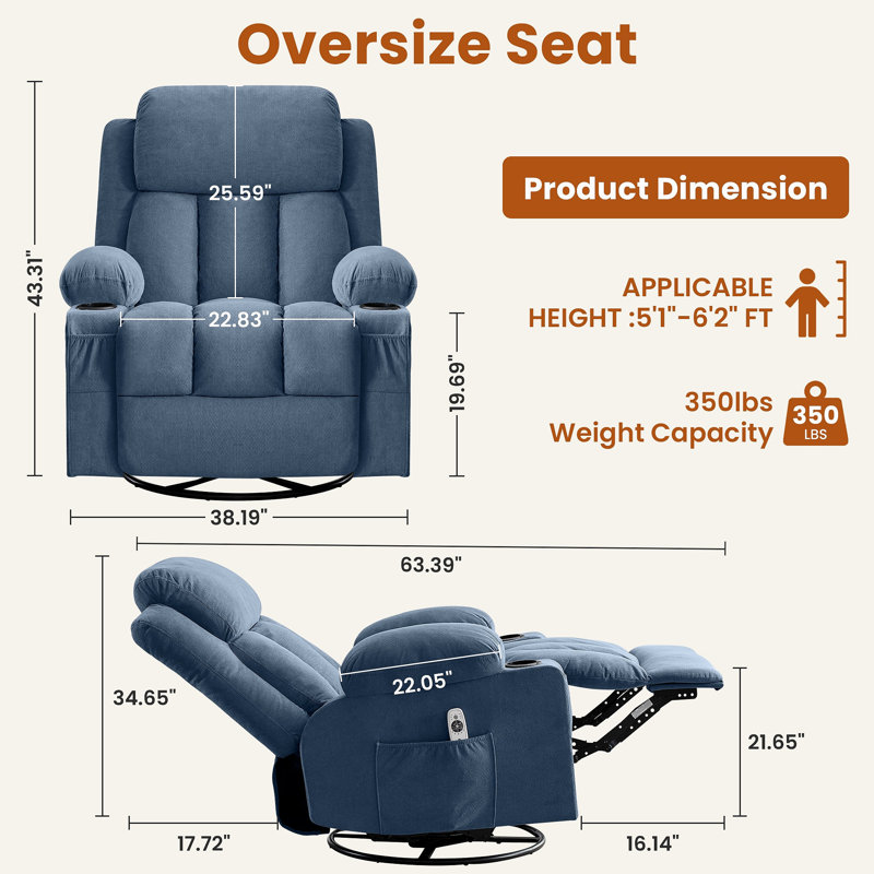 Swivel Rocker Recliner Chair With Vibration Massage And Heat For Living Room ,With Rocking Function And Side Pocket, USB Charge Port,2 Cup Holders