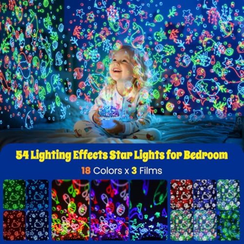 projecteur veilleuse pour chambre d'enfant avec télécommande et minuterie, rotation à 360°, 3 films de projection, 18 modes d'éclairage, 8 berceuses, lampe projecteur rechargeable pour chambre d'enfant, cadeau d'anniversaire pour garçons et filles