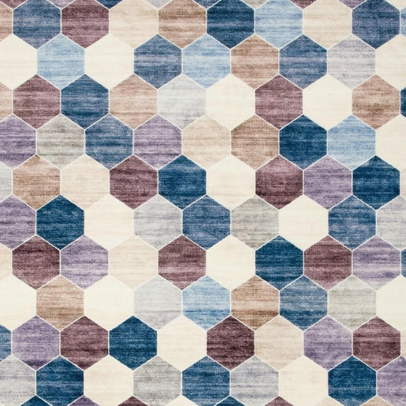 Tapis ivoire et bleu 7 pi x 10 pi à motif géométrique délavé, Rectangulaire 7 pi x 10 pi