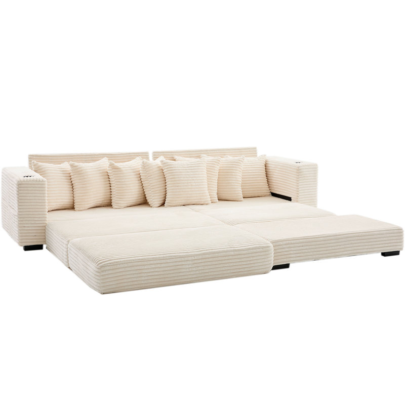 110.75" Modular L Shaped Sofa, Corduroy Fabric Sectional Couch,With A Movable Footstool, Cup Holders,Bring 8 Throw Pillows,Side Pocket,Unfold Into A Bed