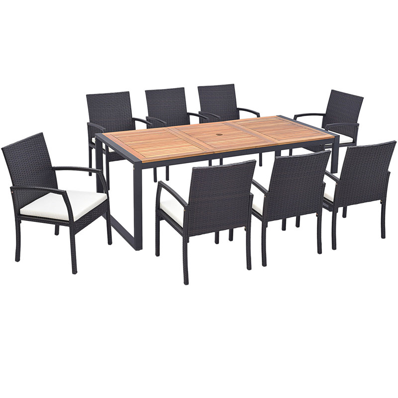  Set of 9 Patio Rattan Dining Set w/ Acacia Wood Table 1.9'' Umbrella Hole