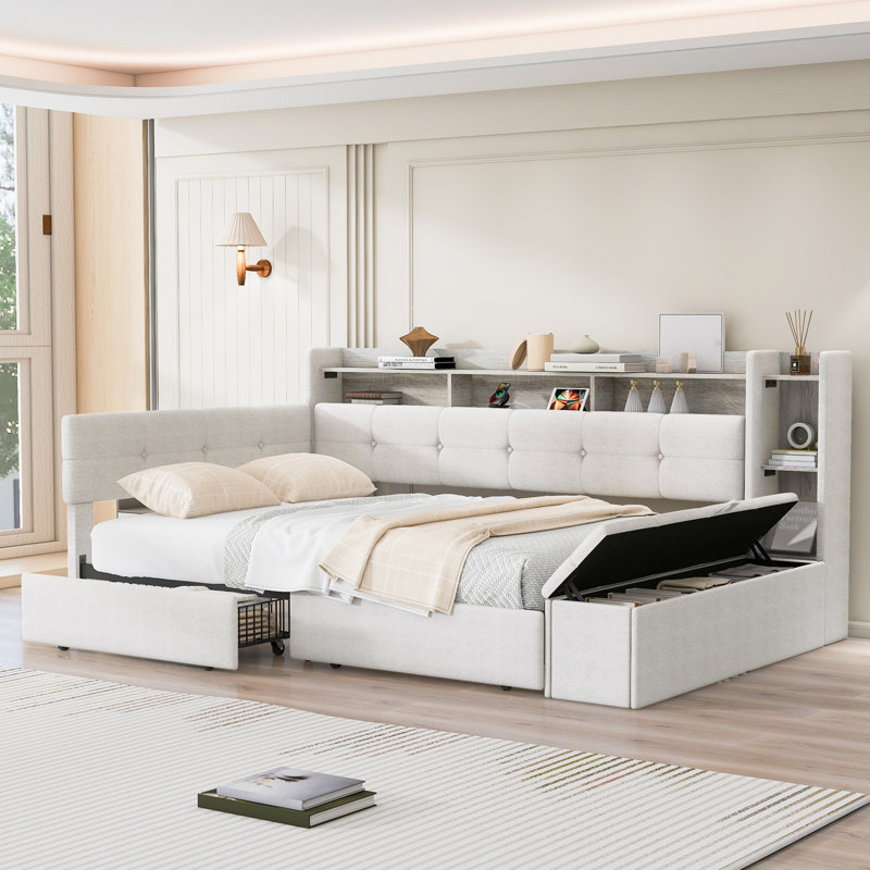 Lit de jour double rembourré avec repose-pieds et tablettes, avec deux tiroirs, chargement USB et lumière DEL, beige