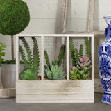 11" Artificial Mixed Succulent Arrangement In A Wooden Planter Box