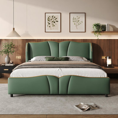 Cadre de lit tapissier grand en cuir, cadre de lit moderne avec tête de lit à oreilles, lit plateforme tapissier avec pied de lit ondulé, pas de sommier nécessaire, vert foncé