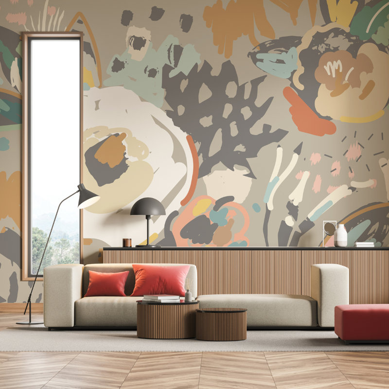 Abstract Floral - Raspberry Wall Mural, 280cm L x 350cm W , Warm Grey