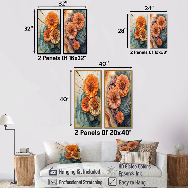 Zinnias Garden On Wood Slide I - Floral Wall Art, 2 pièces, H 28 po x l 25 po, Encadrement argenté