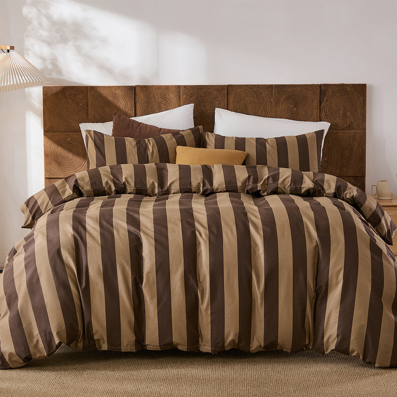 Ensemble d'édredon à rayures brunes très grand, ensemble d'édredon 100% coton naturel, literie réversible kaki brun pour toutes les saisons