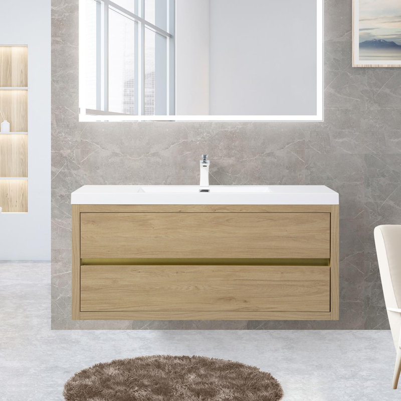 Meuble-lavabo mural 48 po, brillant, Bois naturel