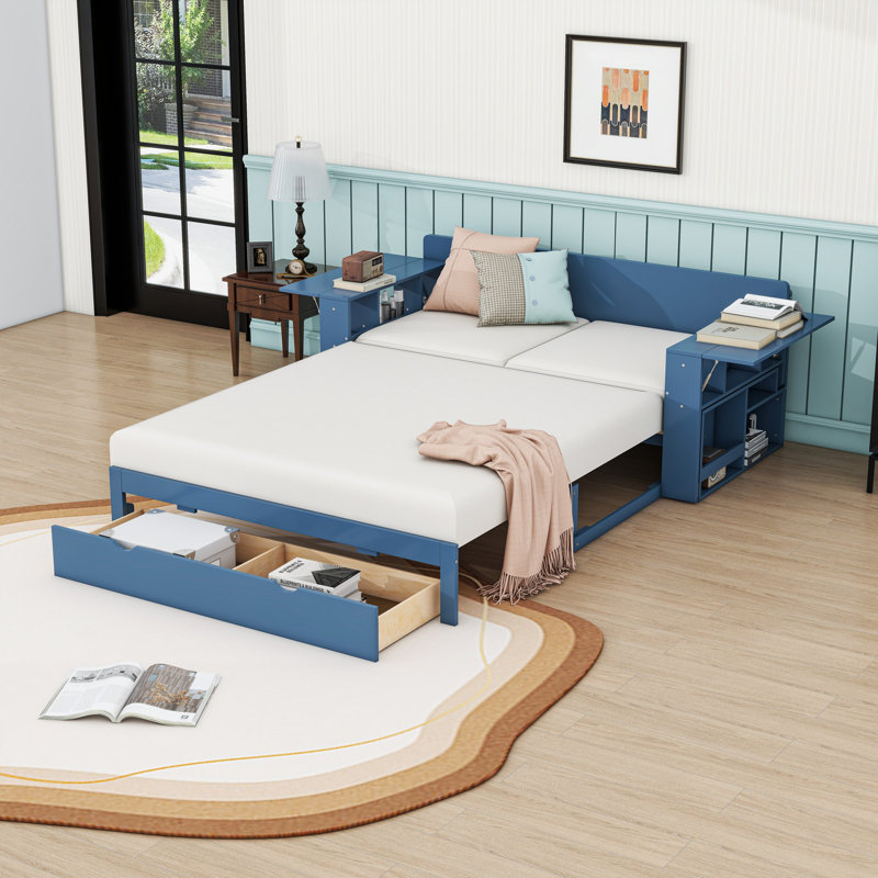 Daybed with Desk, Drawers and Side Table, Blue, Full/Double