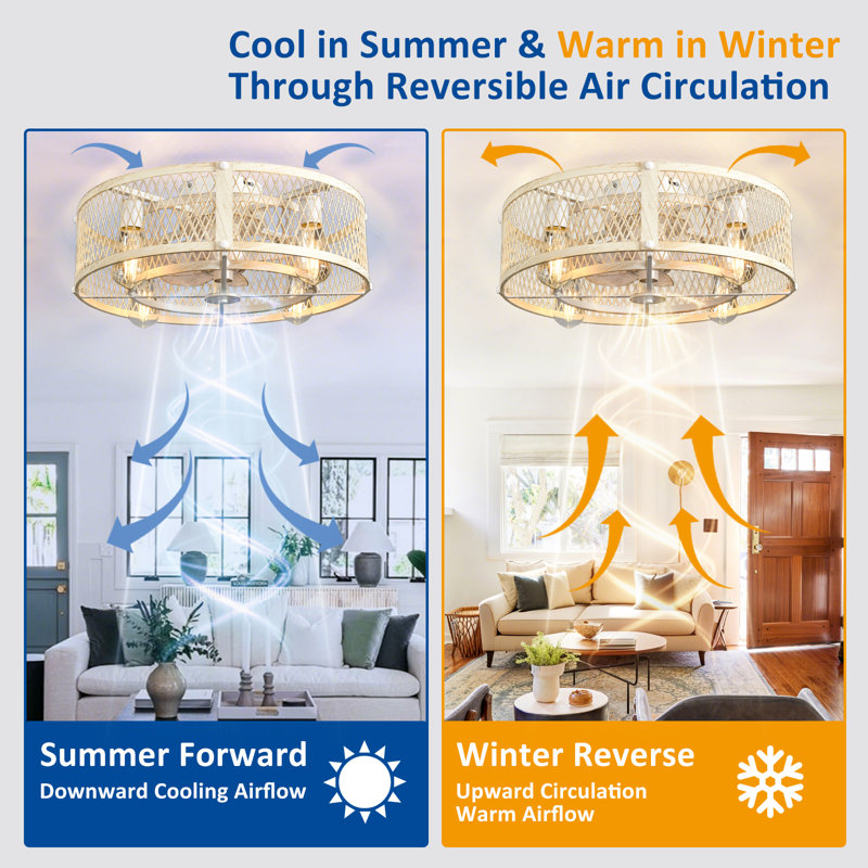 20 Inch Farmhouse Caged Ceiling Fan with Light, Remote & APP Control Quiet DC Motor Cement, Cement, 20" Wide