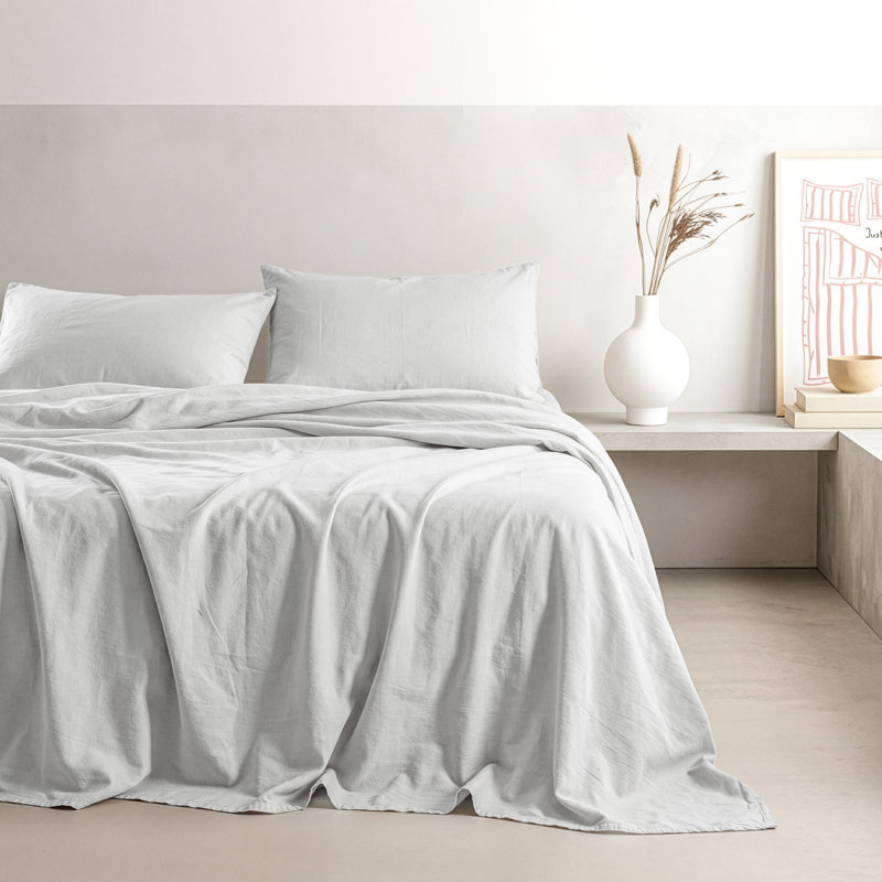 Ensemble de draps en percale 100% coton lavé - comprend 1 drap plat, 1 drap-housse et 2 taies d'oreiller, Light Gray