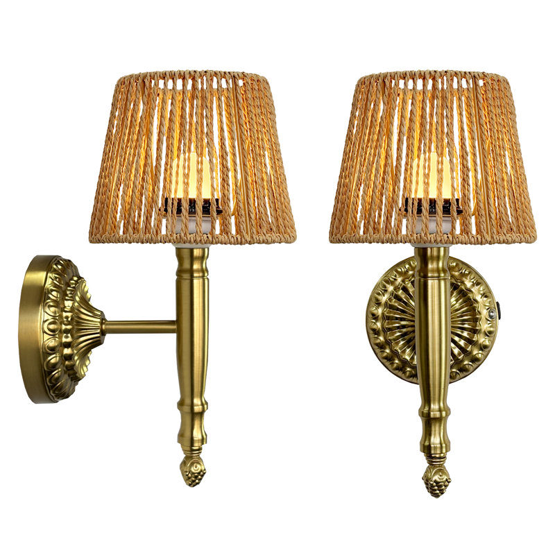 Set of 2 Boho Rechargeable Battery Operated Wall Sconces with Handwoven Brown Rope Shade and Remote, Cordless Design
