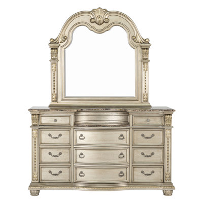 Commode traditionnelle avec miroir, 173 x 52 x 104 cm, bois d'ingénierie et marbre, 2 pièces, champagne doré, plateau en marbre véritable avec poignées en laiton antique
