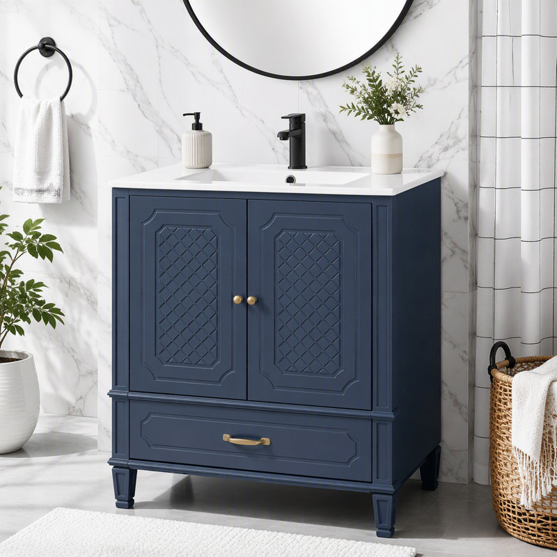 Meuble-lavabo de salle de bain avec lavabo style rétro, Bleu - ensemble de 2