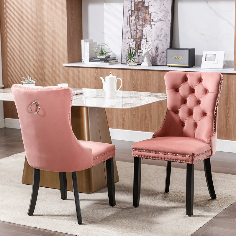 Chaise de salle à manger capitonnée en velours de bois massif avec pieds en bois et garniture cloutée 2 pièces