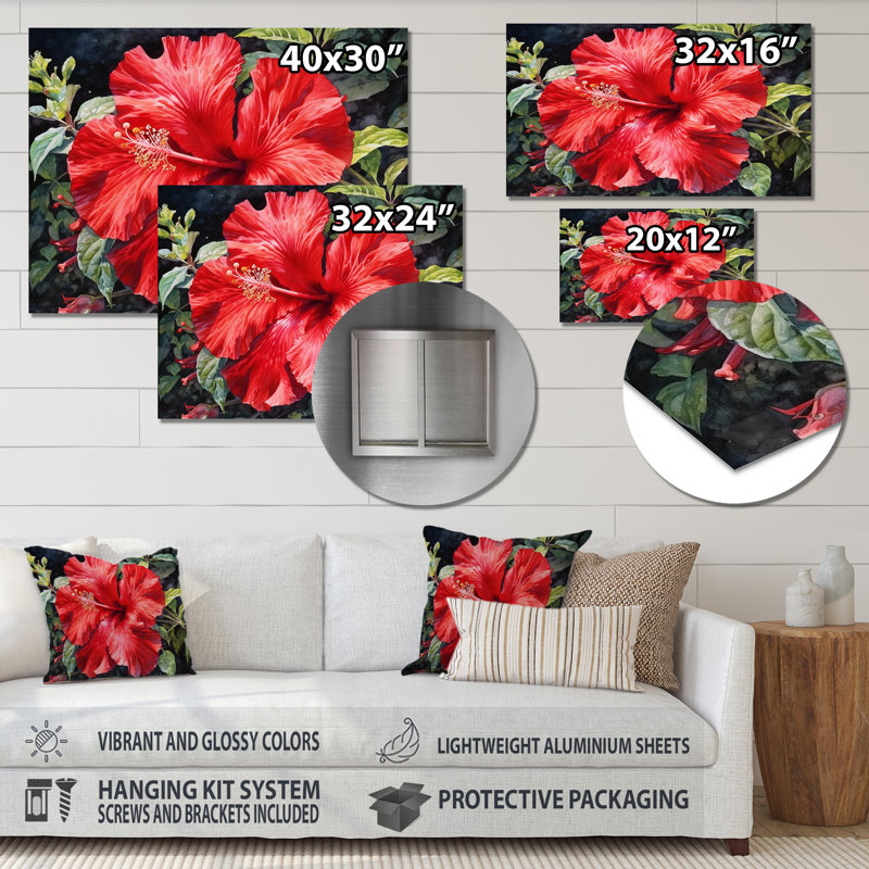 Red Hibiscus Harmony I - impression florale en métal sur métal, H 12 po x l 20 po x P 1 po